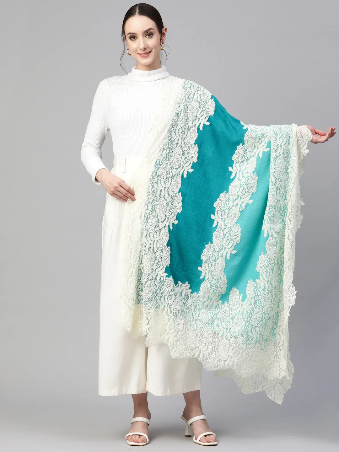 Turquoise Blue Ombre with Lace Fine Wool Shawl