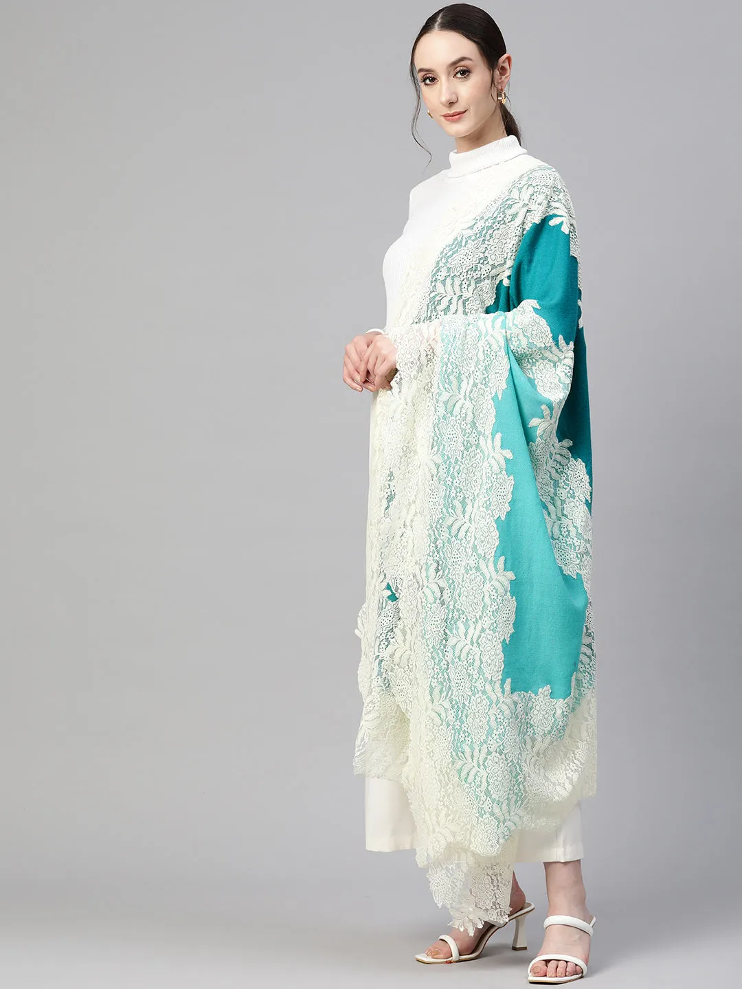 Turquoise Blue Ombre with Lace Fine Wool Shawl