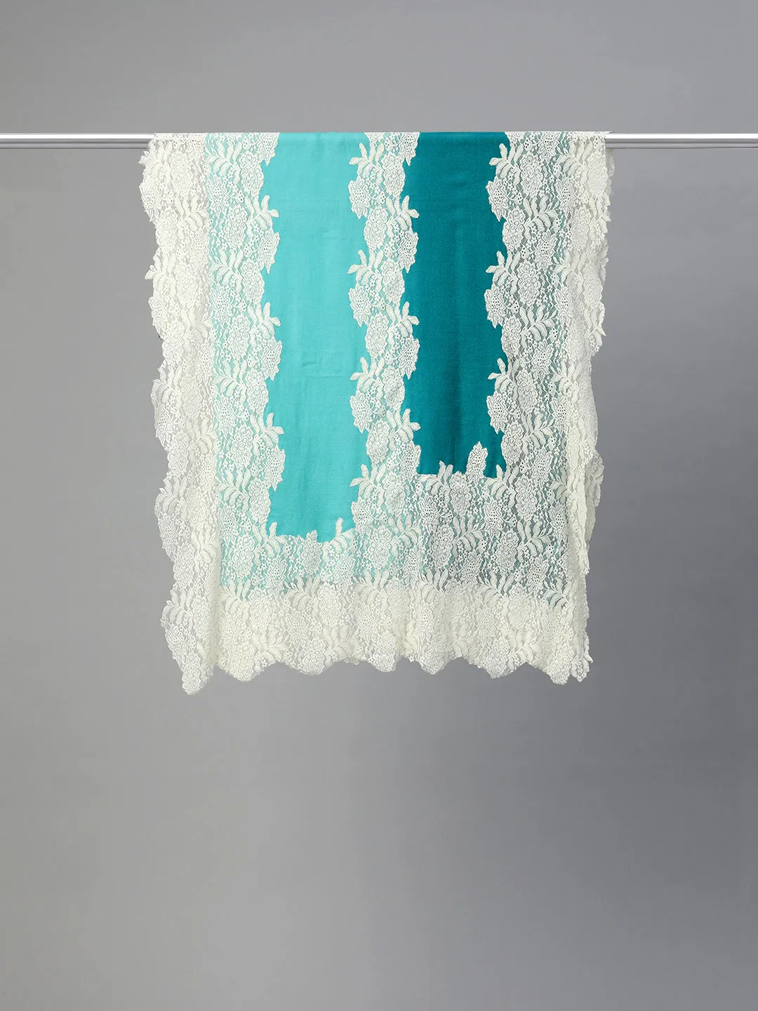 Turquoise Blue Ombre with Lace Fine Wool Shawl