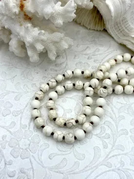 WHITE HOWLITE Hand Knotted Necklace, 36"  HOWLITE, 2 Styles, 8mm Round with Cream or Brown Thread. Fast Ship