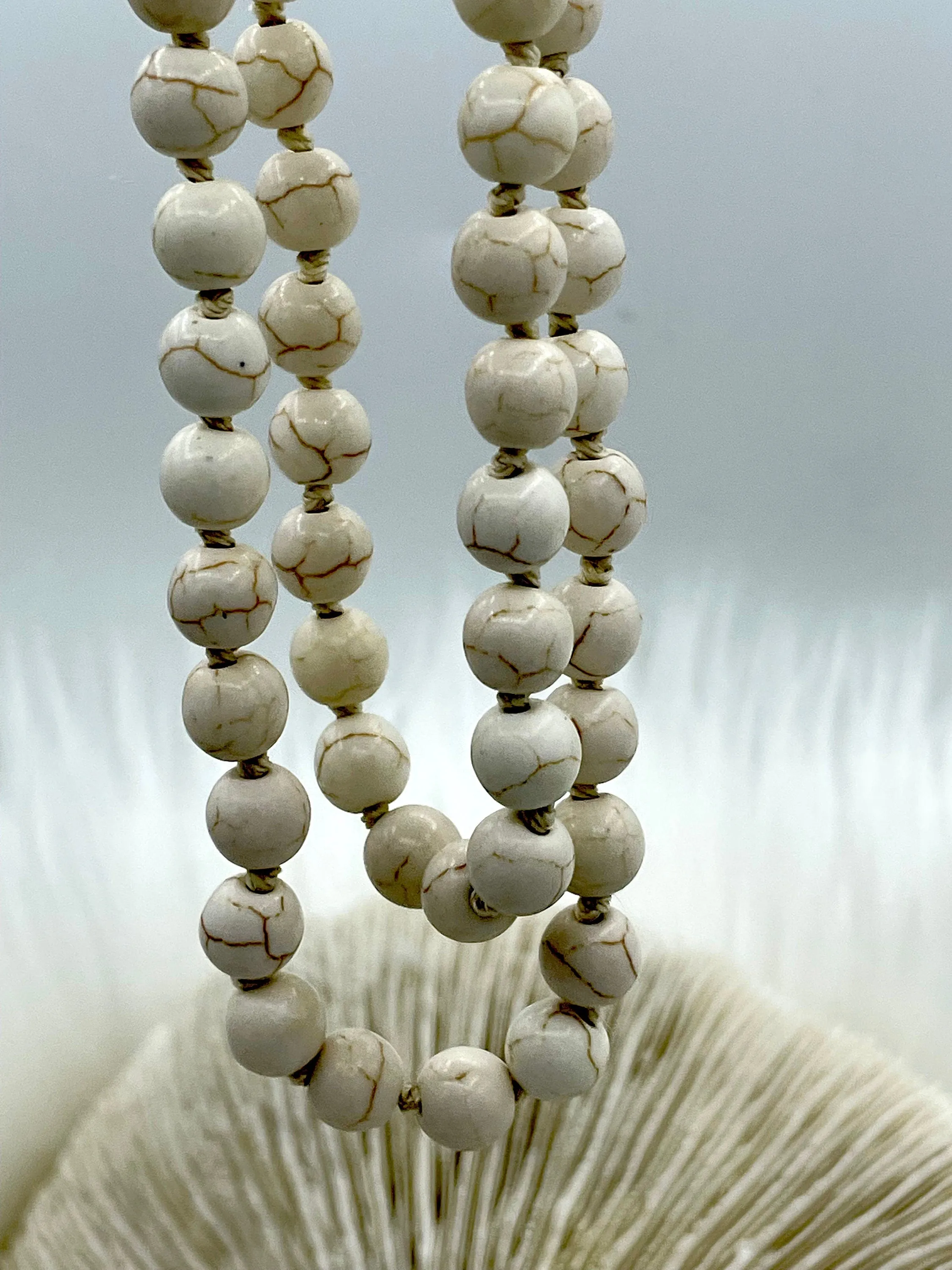 WHITE HOWLITE Hand Knotted Necklace, 36"  HOWLITE, 2 Styles, 8mm Round with Cream or Brown Thread. Fast Ship