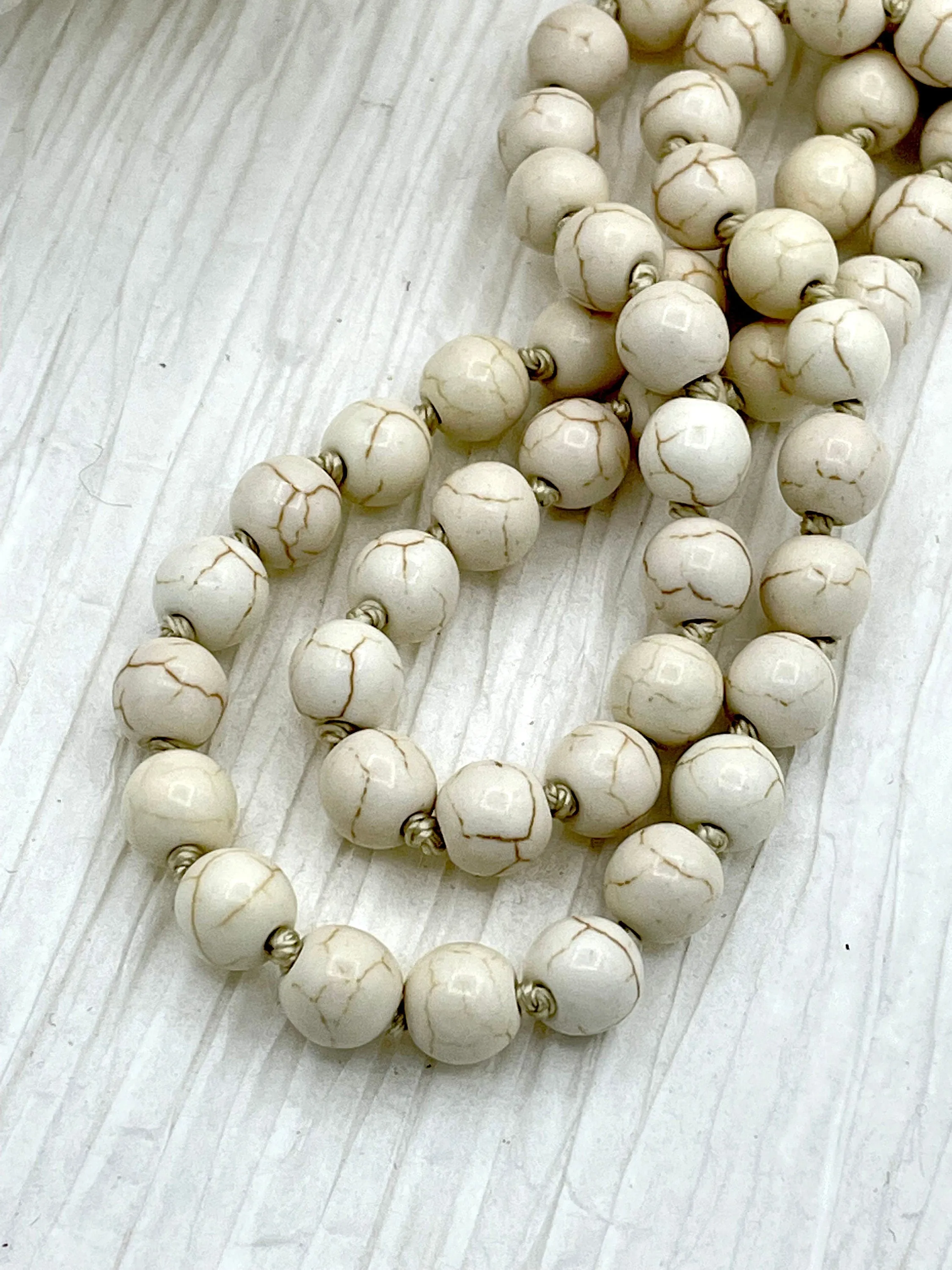 WHITE HOWLITE Hand Knotted Necklace, 36"  HOWLITE, 2 Styles, 8mm Round with Cream or Brown Thread. Fast Ship