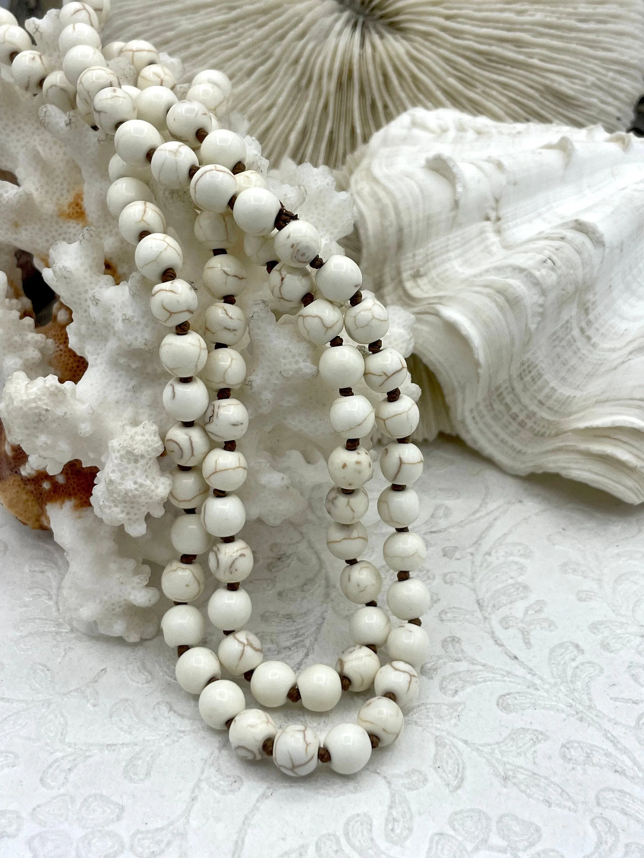 WHITE HOWLITE Hand Knotted Necklace, 36"  HOWLITE, 2 Styles, 8mm Round with Cream or Brown Thread. Fast Ship