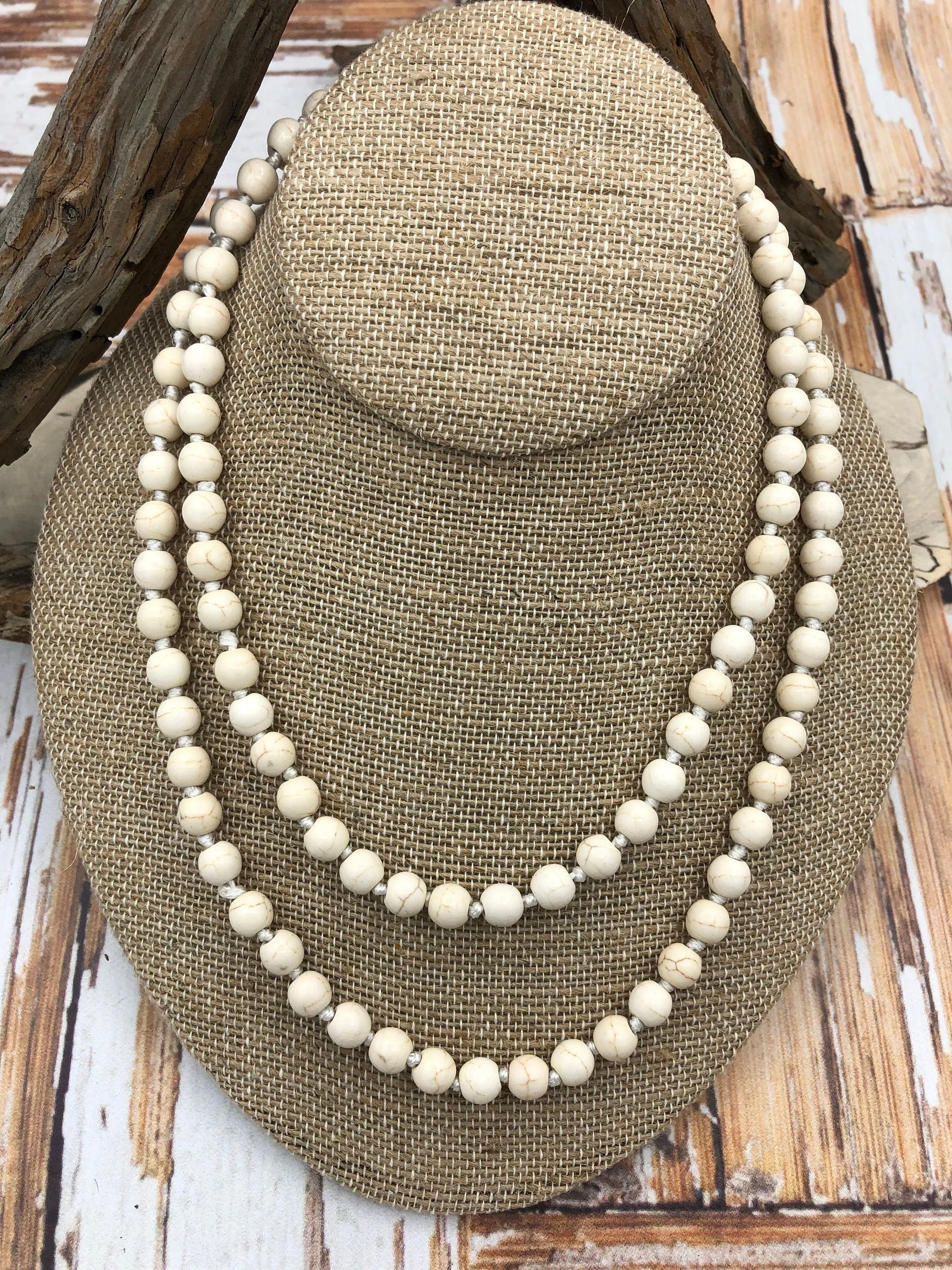 WHITE HOWLITE Hand Knotted Necklace, 36"  HOWLITE, 2 Styles, 8mm Round with Cream or Brown Thread. Fast Ship