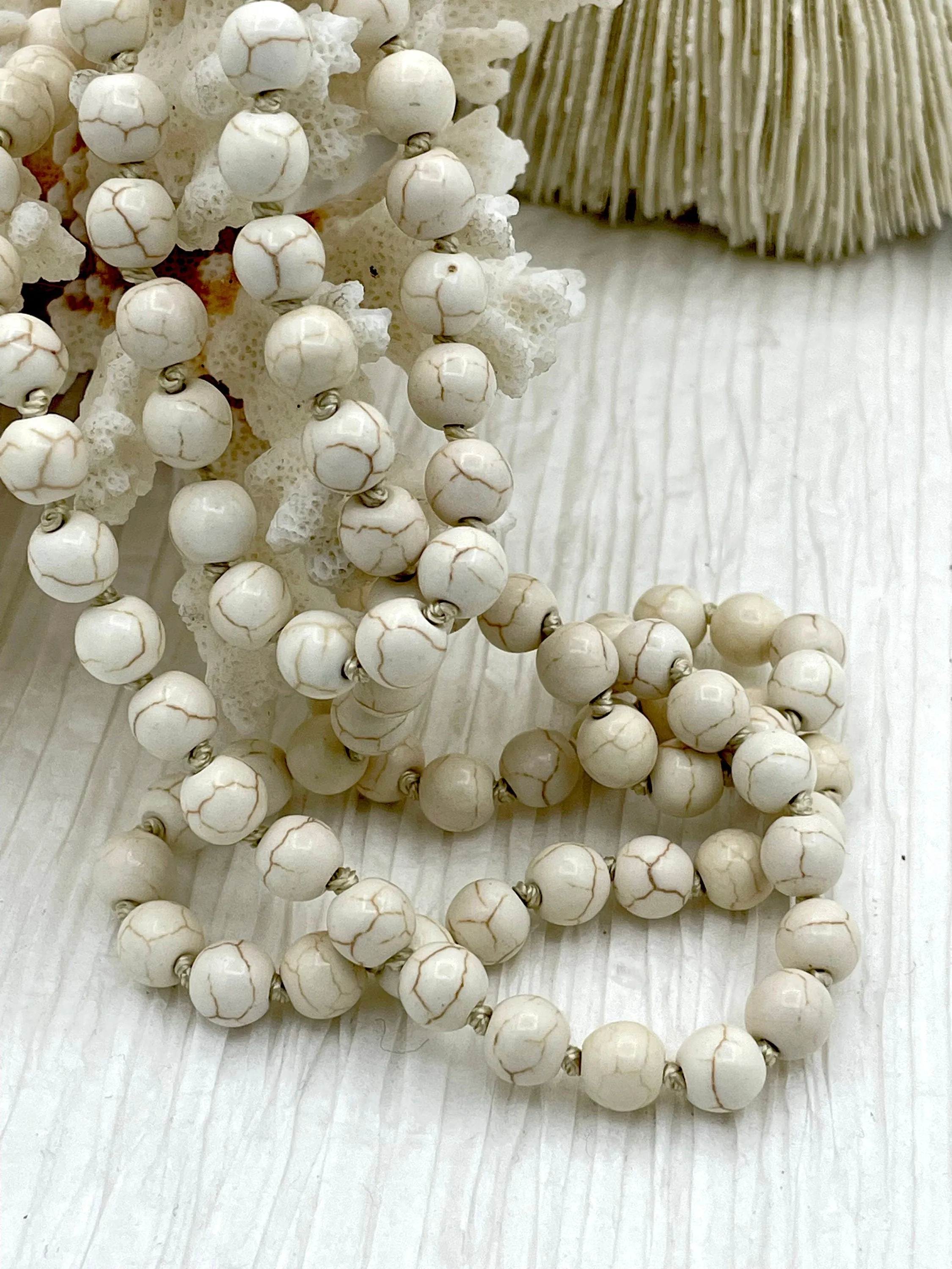 WHITE HOWLITE Hand Knotted Necklace, 36"  HOWLITE, 2 Styles, 8mm Round with Cream or Brown Thread. Fast Ship