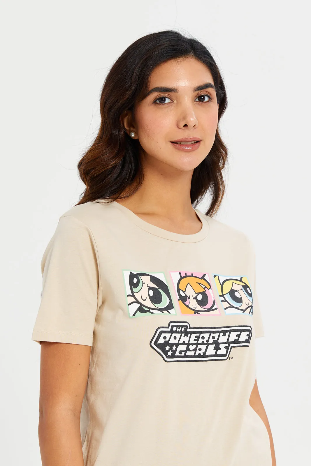 Women Beige Powerpuff Girls T-Shirt