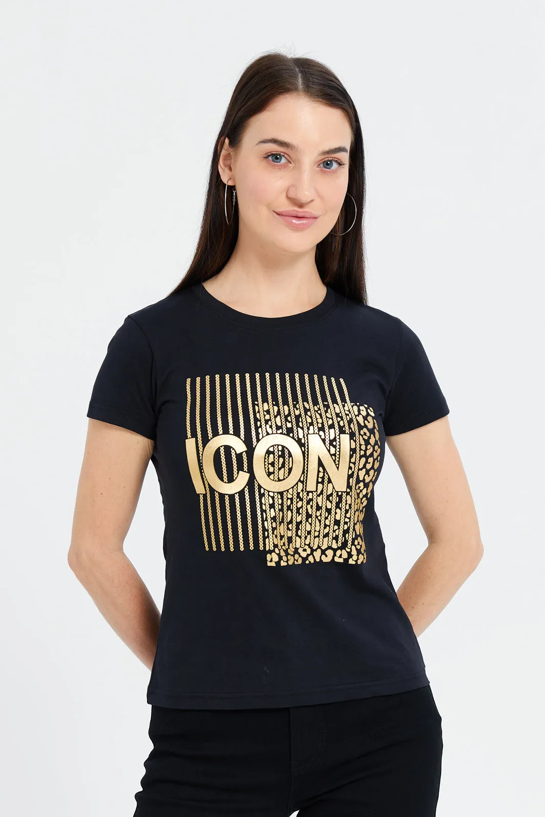 Women Black Icon Embellished T-Shirt