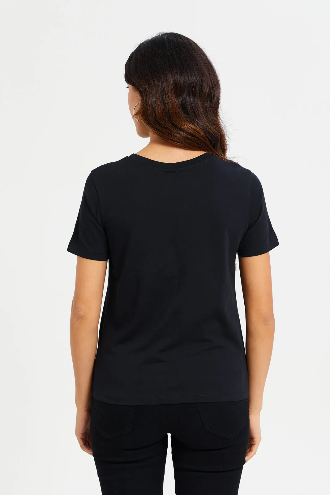 Women Black Stitch Printed T-Shirt