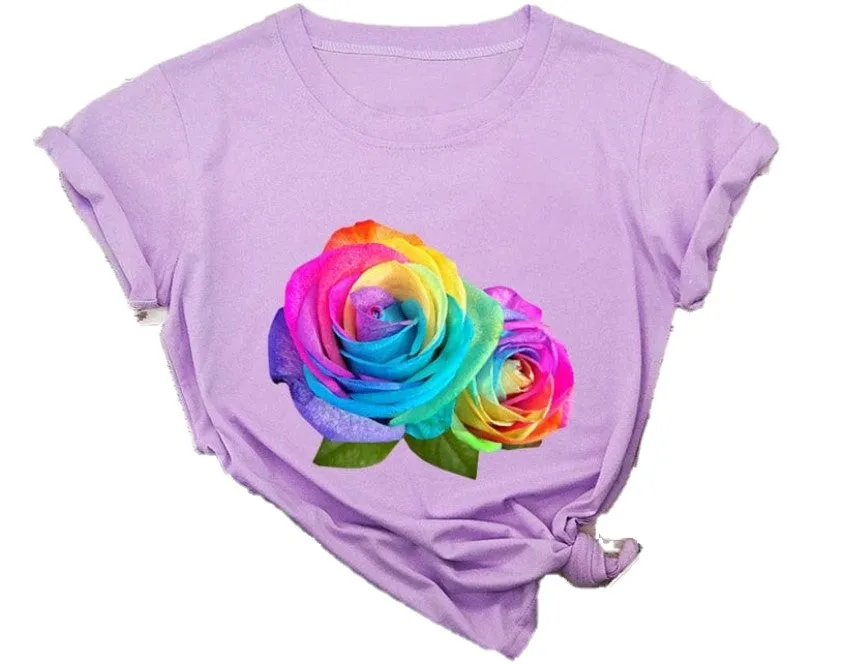 Womens Floral Lightweight Summer T-Shirt Multicolor-Rose Solid Color