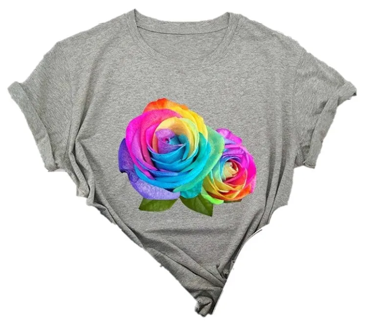 Womens Floral Lightweight Summer T-Shirt Multicolor-Rose Solid Color