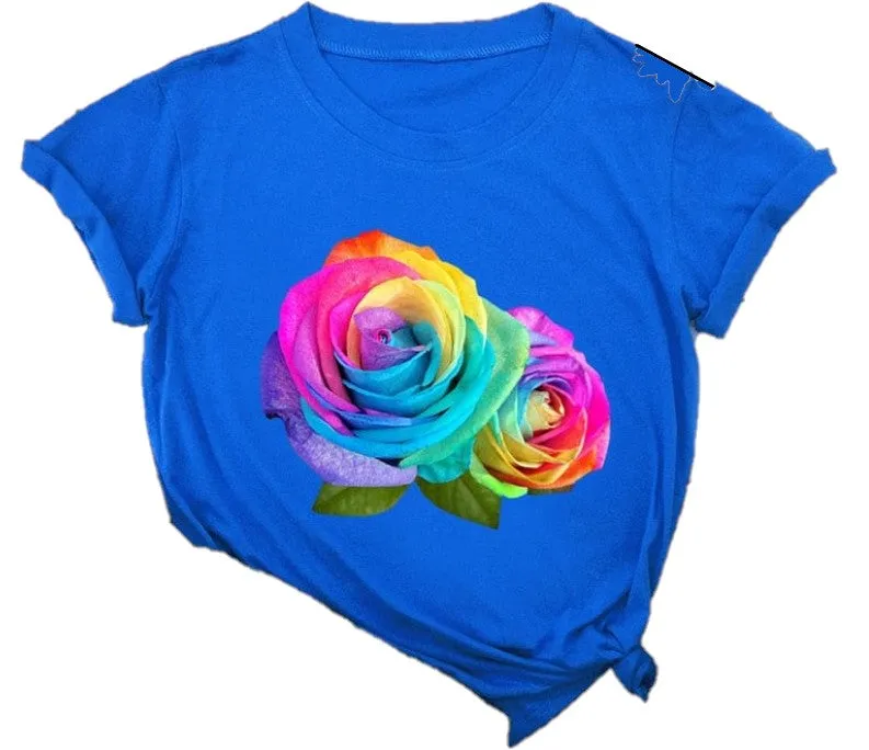 Womens Floral Lightweight Summer T-Shirt Multicolor-Rose Solid Color