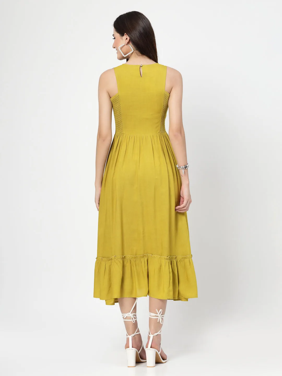 Yellow Solid Dress With White Lace and Follower