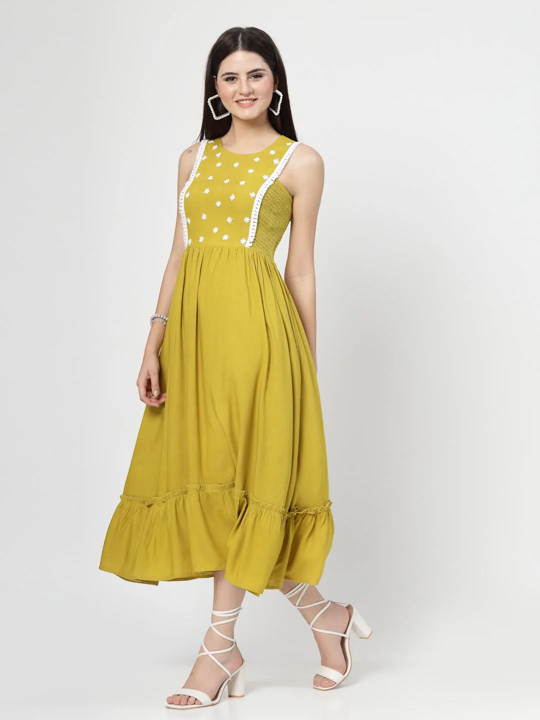 Yellow Solid Dress With White Lace and Follower