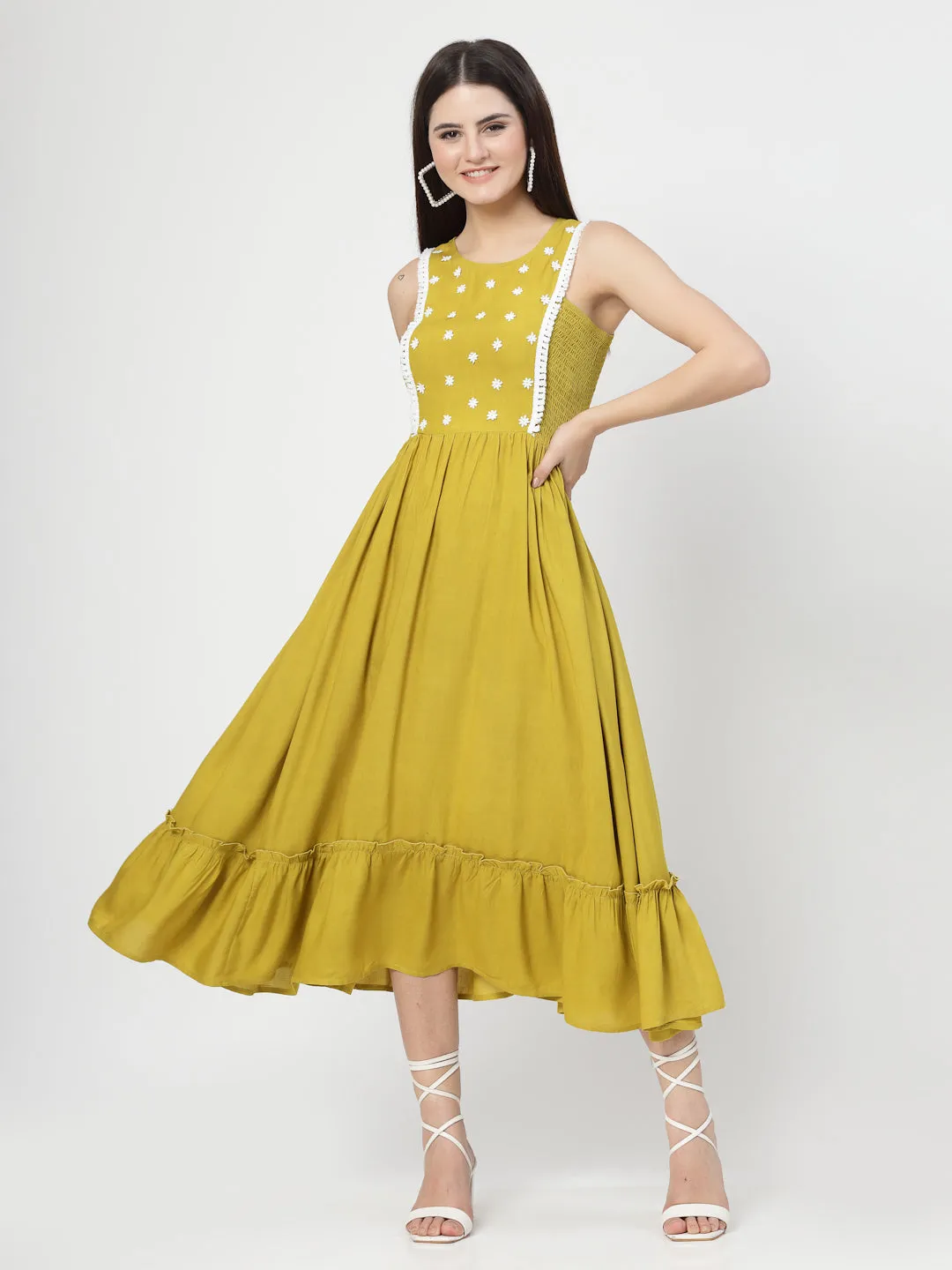 Yellow Solid Dress With White Lace and Follower