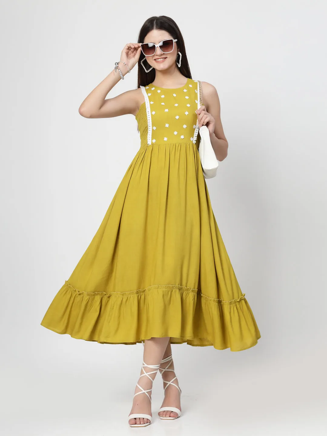 Yellow Solid Dress With White Lace and Follower