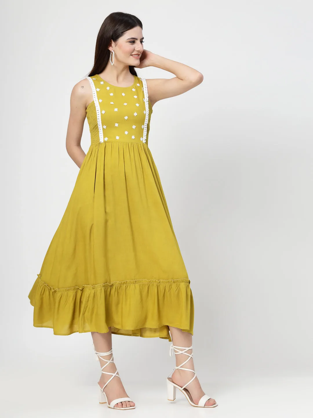 Yellow Solid Dress With White Lace and Follower