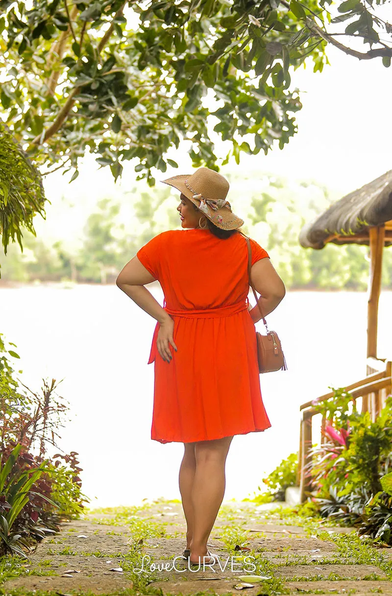 Yoke Dress with Patch Pockets and Belt- Bright Orange